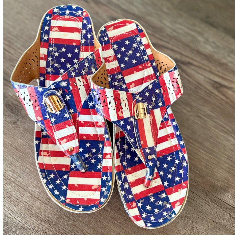 Women Shoes Patriotic American Flag Print Stars Stripes Wedge Slides Size 41‎